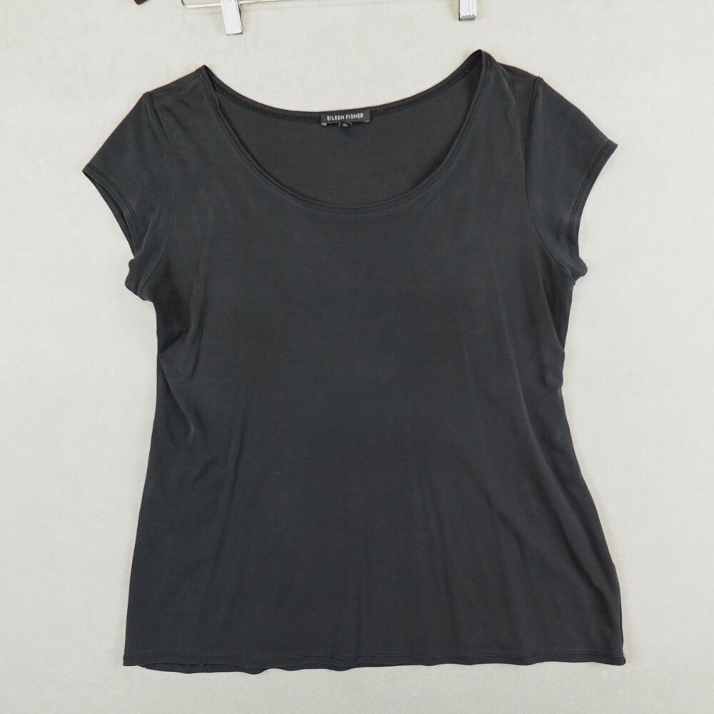 Eileen Fisher Silk Cap Sleeve Top Tee Womens Medium Minimalist Scoop Neck Black